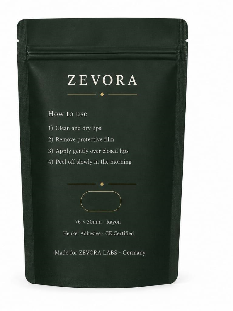Zevora Labs Verpackung — Rückseite mit Anwendungshinweisen in vier Schritten, Größenangabe 76 × 30 mm Rayon, Henkel Adhesive, CE-zertifiziert, Made by Zevora Labs Germany