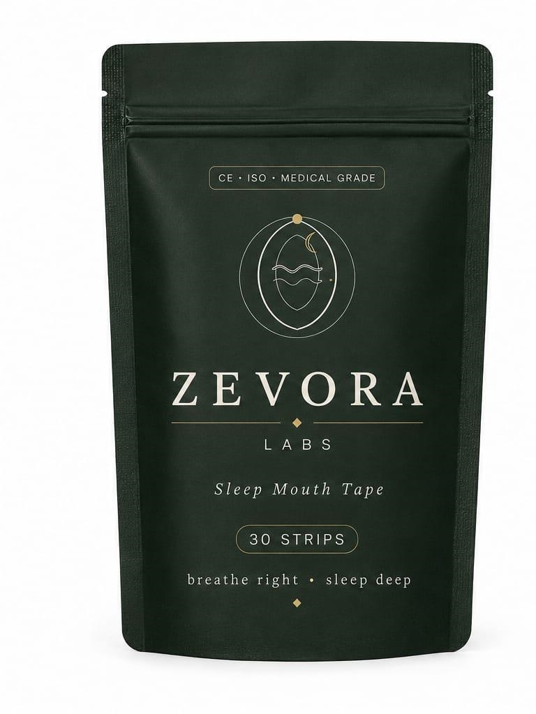 Zevora Labs Sleep Mouth Tape Verpackung — Vorderseite mit Markenzeichen, Produktname, 30 Strips und CE/ISO Medical Grade