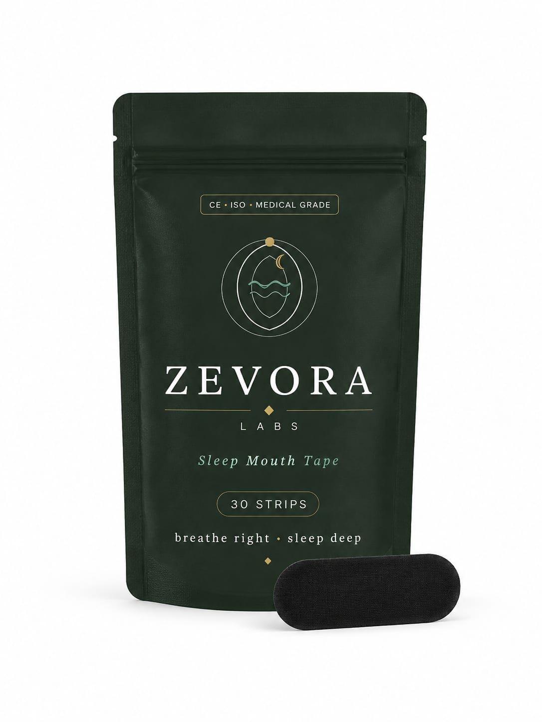 Zevora Labs Sleep Mouth Tape — dunkelgrüne Verpackung mit goldenem Markenzeichen, 30 Strips, breathe right · sleep deep